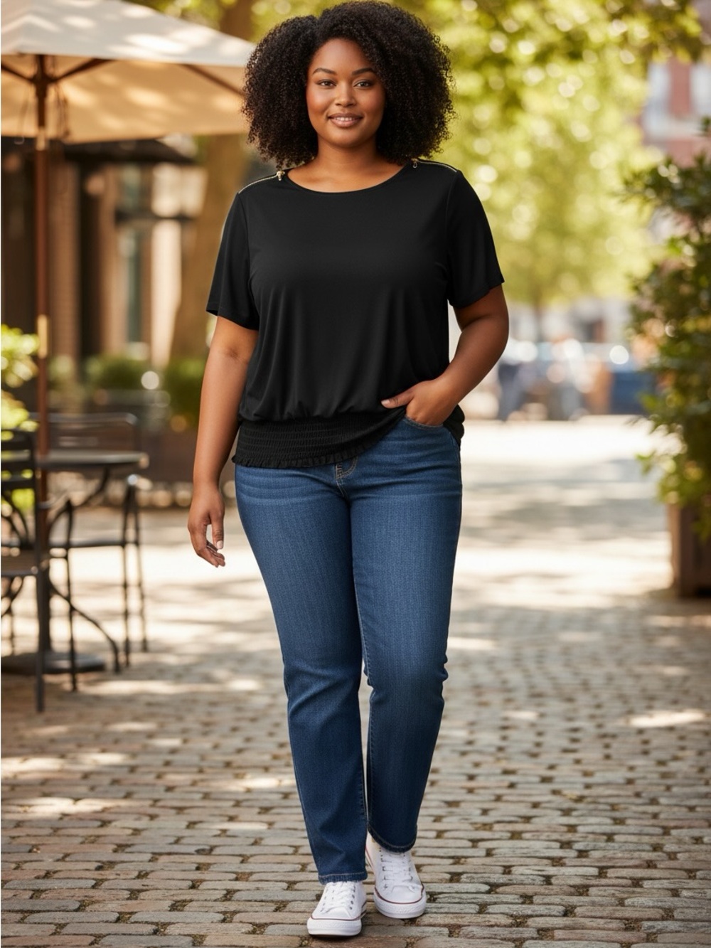 Michael Michael Kors 1X Black Smocked Hem Blouson Top Gold Logo Shoulder Detail - Picture 7 of 10